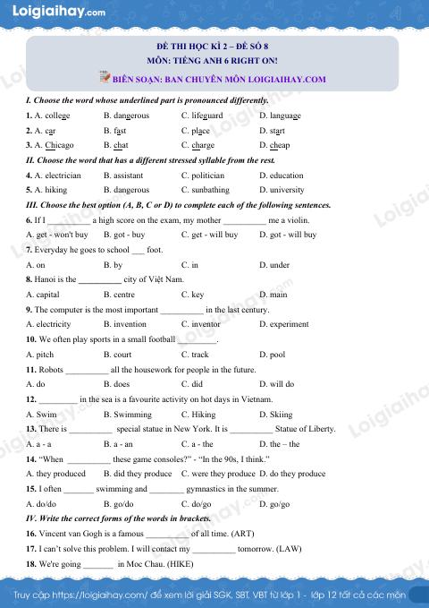 Đề thi học kì 2 Tiếng Anh 6 Right on! - Đề số 8